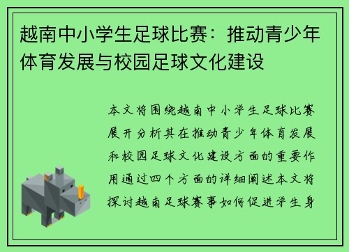 越南中小学生足球比赛：推动青少年体育发展与校园足球文化建设